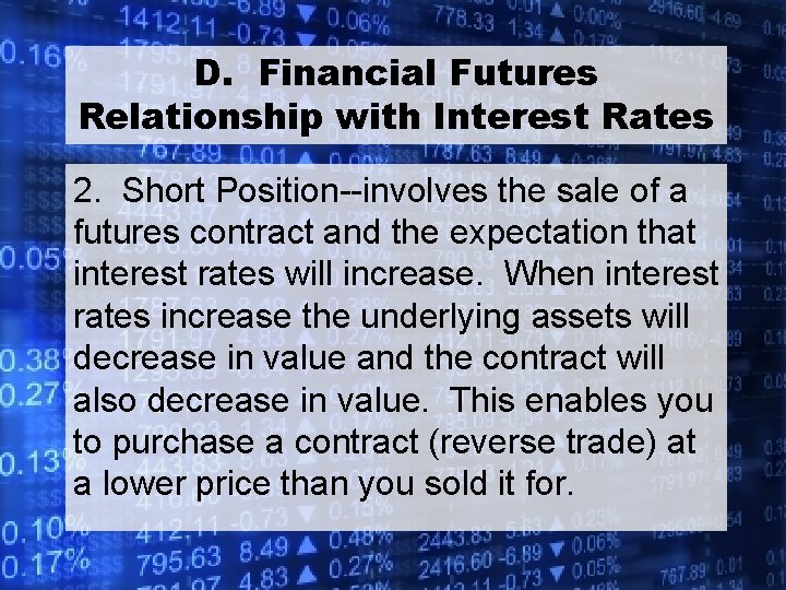D. Financial Futures Relationship with Interest Rates 2. Short Position--involves the sale of a