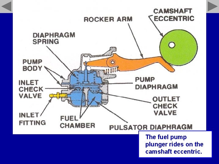 The fuel pump plunger rides on the camshaft eccentric. 