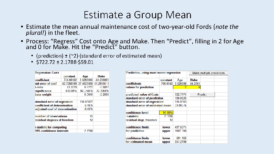 Estimate a Group Mean • Estimate the mean annual maintenance cost of two-year-old Fords