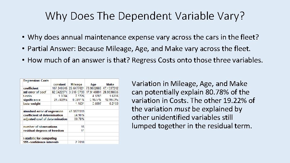 Why Does The Dependent Variable Vary? • Why does annual maintenance expense vary across