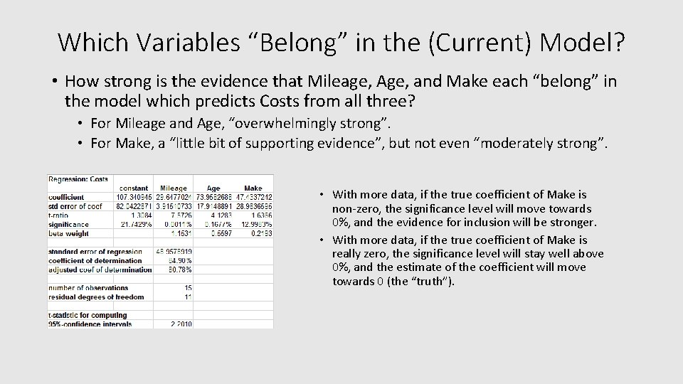 Which Variables “Belong” in the (Current) Model? • How strong is the evidence that