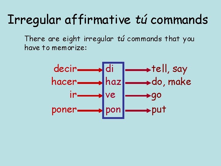 Irregular affirmative tú commands There are eight irregular tú commands that you have to