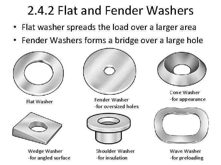2. 4. 2 Flat and Fender Washers • Flat washer spreads the load over
