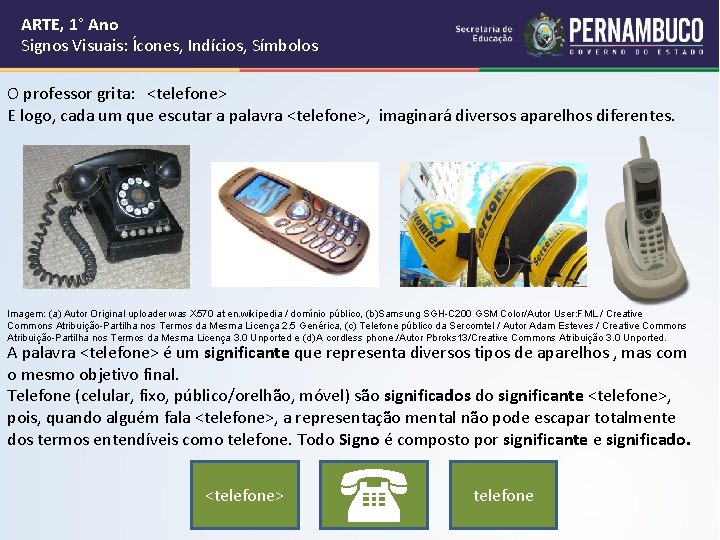 ARTE, 1° Ano Signos Visuais: Ícones, Indícios, Símbolos O professor grita: <telefone> E logo, ARTE, 1° Ano Signos Visuais: Ícones, Indícios, Símbolos O professor grita: <telefone> E logo,
