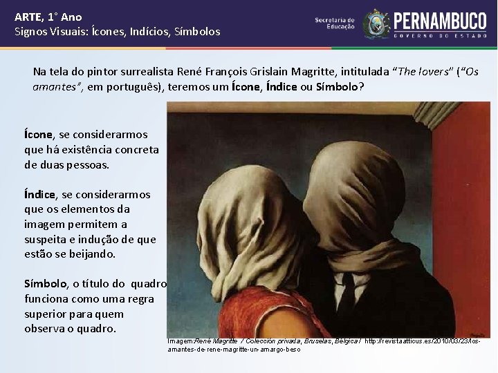 ARTE, 1° Ano Signos Visuais: Ícones, Indícios, Símbolos Na tela do pintor surrealista René ARTE, 1° Ano Signos Visuais: Ícones, Indícios, Símbolos Na tela do pintor surrealista René