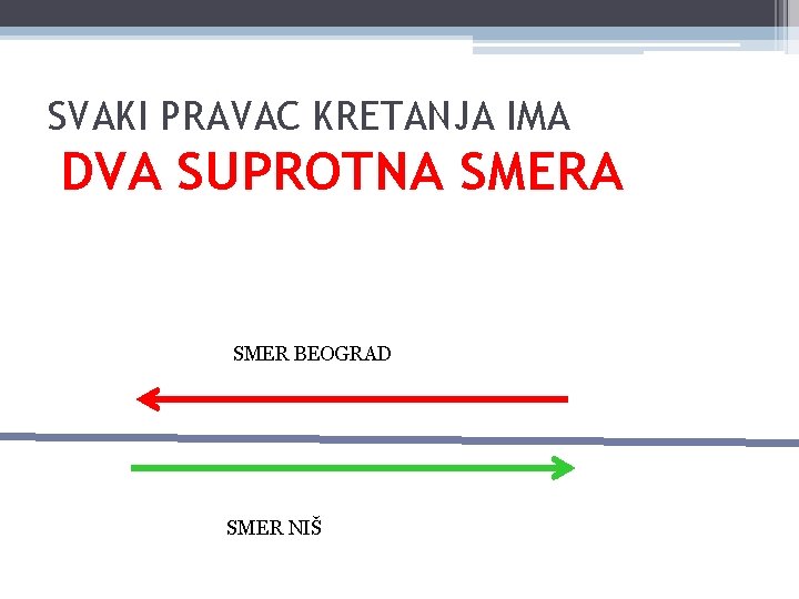 SVAKI PRAVAC KRETANJA IMA DVA SUPROTNA SMER BEOGRAD SMER NIŠ 