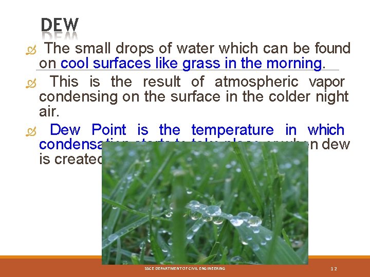 DEW The small drops of water which can be found on cool surfaces like