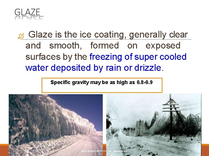 GLAZE Glaze is the ice coating, generally clear and smooth, formed on exposed surfaces