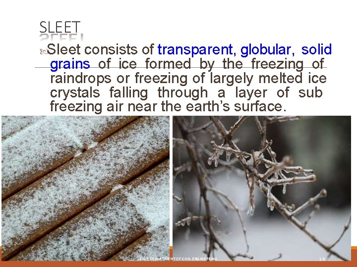 SLEET Sleet consists of transparent, globular, solid grains of ice formed by the freezing