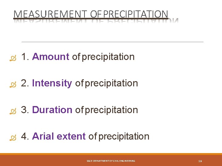 MEASUREMENT OF PRECIPITATION 1. Amount of precipitation 2. Intensity of precipitation 3. Duration of