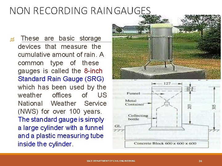 NON RECORDING RAIN GAUGES These are basic storage devices that measure the cumulative amount