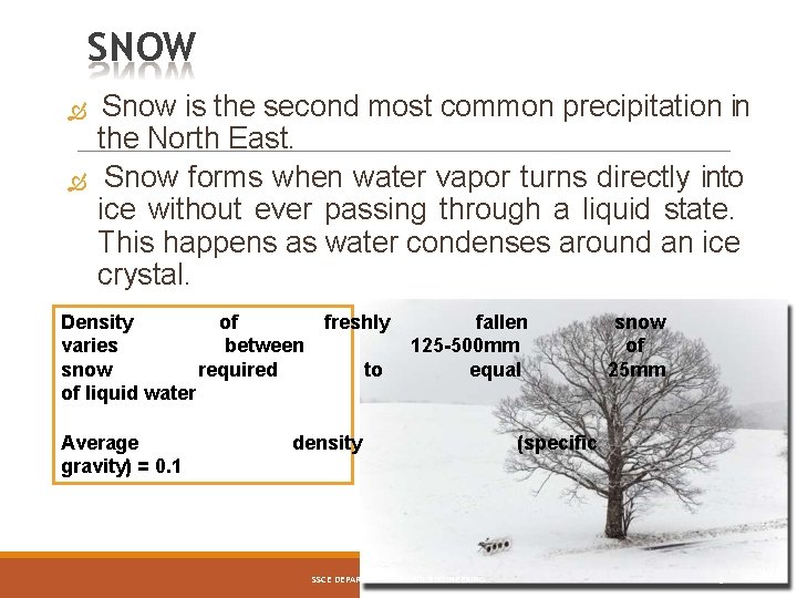 SNOW Snow is the second most common precipitation in the North East. Snow forms