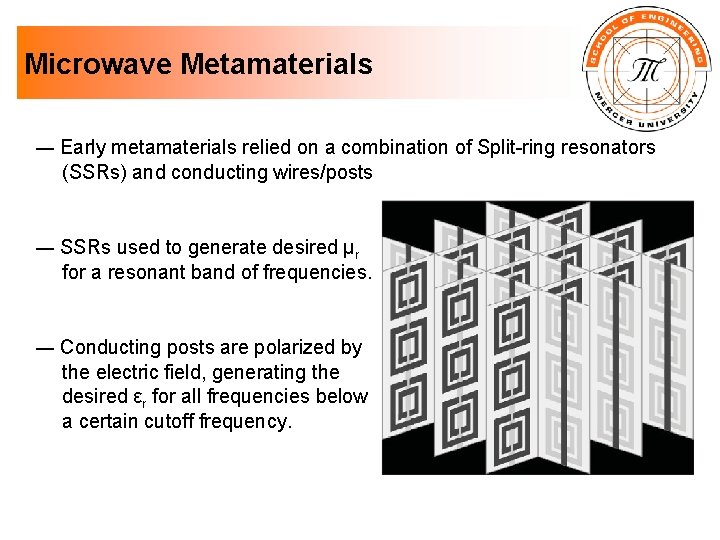 Microwave Metamaterials ― Early metamaterials relied on a combination of Split-ring resonators (SSRs) and