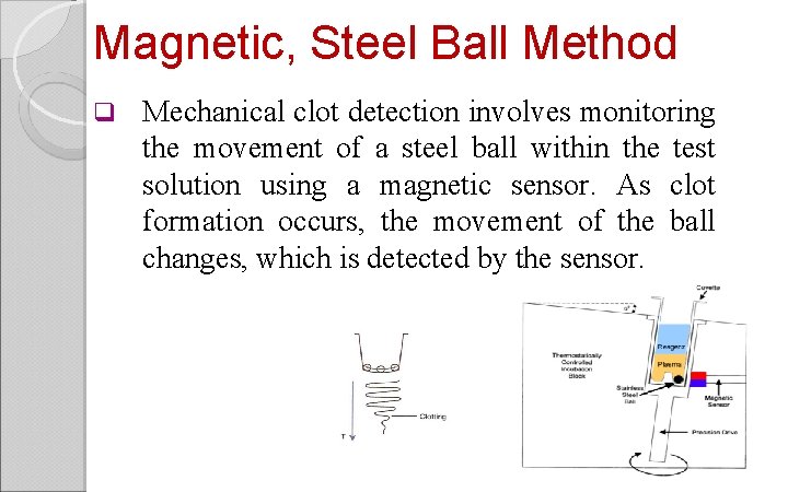 Magnetic, Steel Ball Method q Mechanical clot detection involves monitoring the movement of a