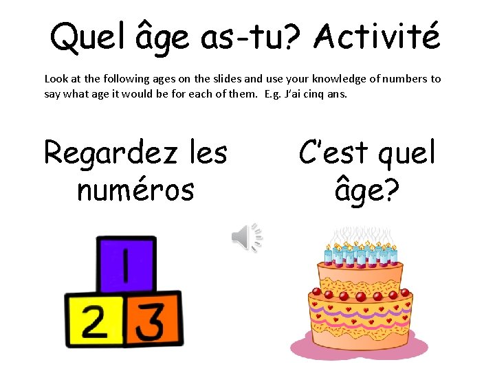 Quel âge as-tu? Activité Look at the following ages on the slides and use