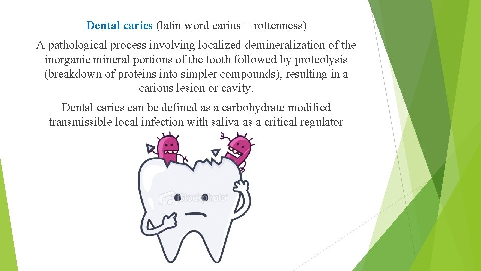 Dental caries (latin word carius = rottenness) A pathological process involving localized demineralization of