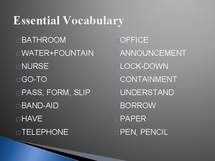 Essential Vocabulary � BATHROOM � OFFICE � WATER+FOUNTAIN � ANNOUNCEMENT � NURSE � LOCK-DOWN