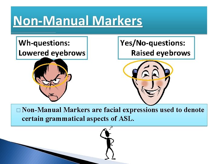 Non-Manual Markers Wh-questions: Lowered eyebrows � Non-Manual Yes/No-questions: Raised eyebrows Markers are facial expressions