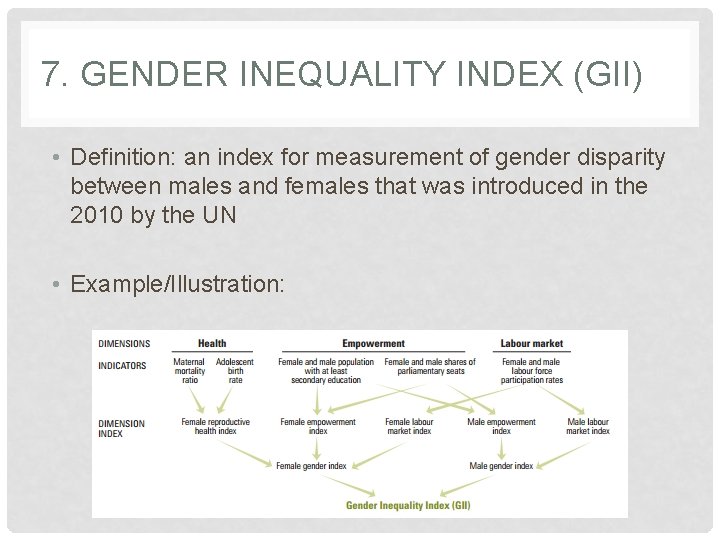 7. GENDER INEQUALITY INDEX (GII) • Definition: an index for measurement of gender disparity