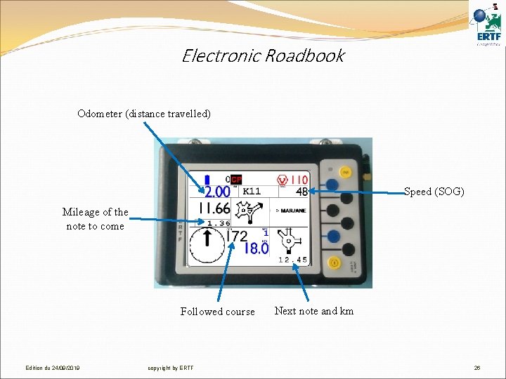 Electronic Roadbook Odometer (distance travelled) Speed (SOG) Mileage of the note to come Followed