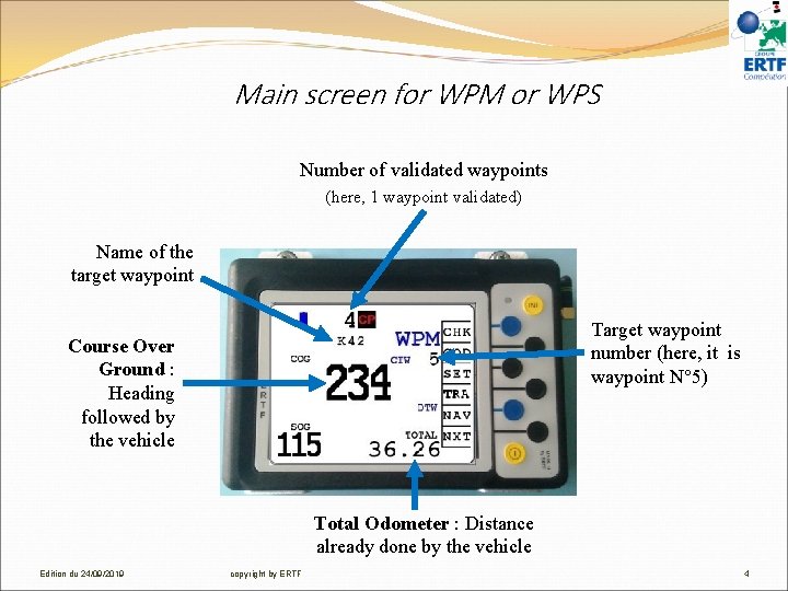 Main screen for WPM or WPS Number of validated waypoints (here, 1 waypoint validated)