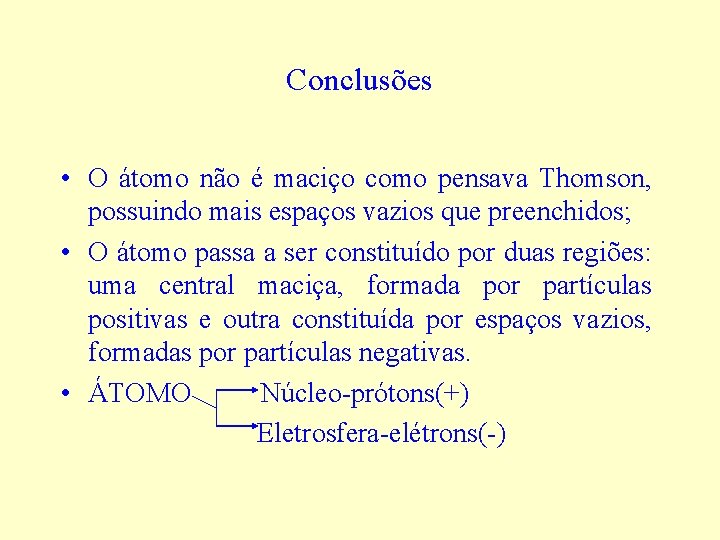 Conclusões • O átomo não é maciço como pensava Thomson, possuindo mais espaços vazios