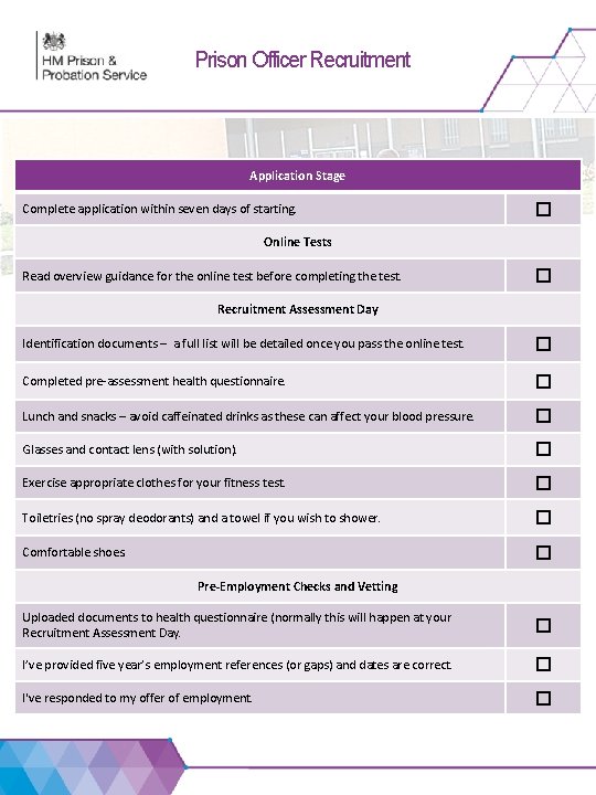 Prison Officer Recruitment HMP Belmarsh Application Stage Complete application within seven days of starting.