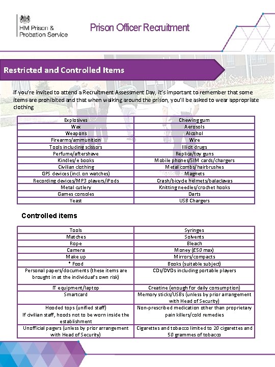 Prison Officer Recruitment HMP Belmarsh Restricted and Controlled Items If you’re invited to attend