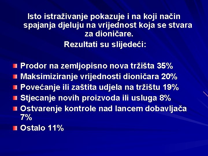 Isto istraživanje pokazuje i na koji način spajanja djeluju na vrijednost koja se stvara