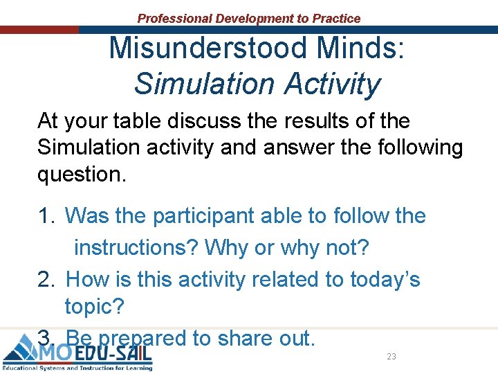 Professional Development to Practice Misunderstood Minds: Simulation Activity At your table discuss the results Professional Development to Practice Misunderstood Minds: Simulation Activity At your table discuss the results