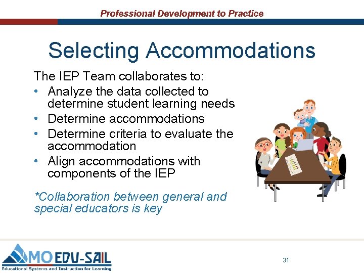 Professional Development to Practice Selecting Accommodations The IEP Team collaborates to: • Analyze the Professional Development to Practice Selecting Accommodations The IEP Team collaborates to: • Analyze the