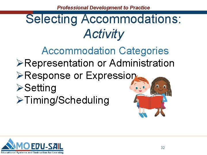 Professional Development to Practice Selecting Accommodations: Activity Accommodation Categories ØRepresentation or Administration ØResponse or Professional Development to Practice Selecting Accommodations: Activity Accommodation Categories ØRepresentation or Administration ØResponse or