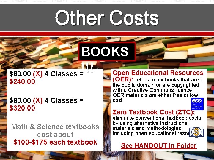 Other Costs BOOKS !!! Open Educational Resources $60. 00 (X) 4 Classes = $240.