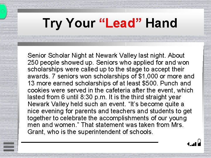 Try Your “Lead” Hand Senior Scholar Night at Newark Valley last night. About 250