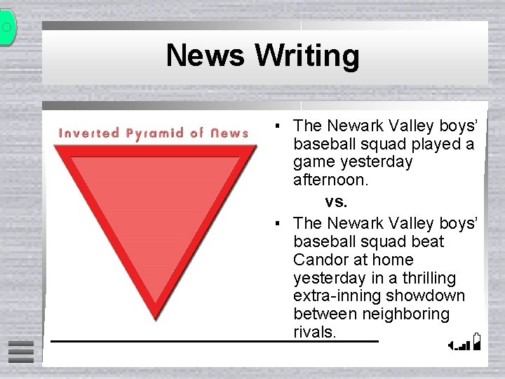 News Writing ▪ The Newark Valley boys’ baseball squad played a game yesterday afternoon.