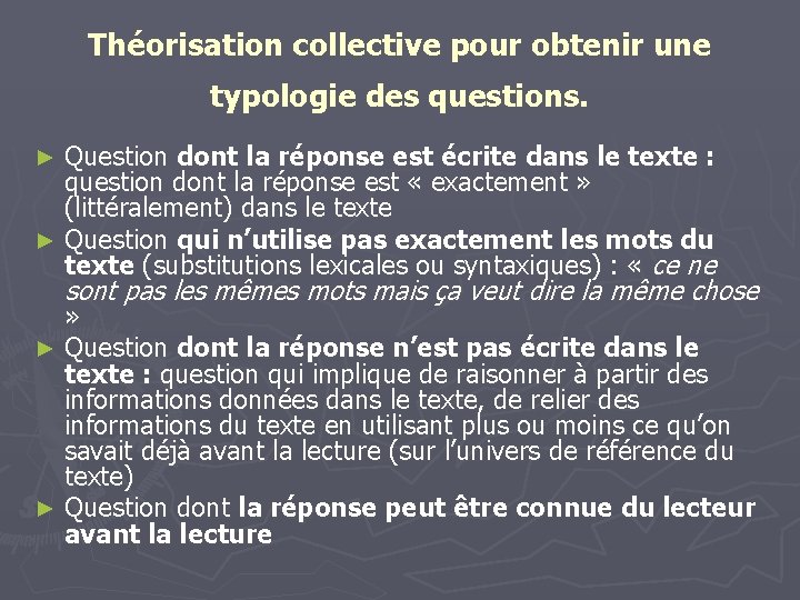 Théorisation collective pour obtenir une typologie des questions. Question dont la réponse est écrite