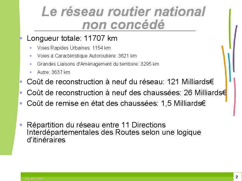 Le réseau routier national non concédé Longueur totale: 11707 km Voies Rapides Urbaines: 1154