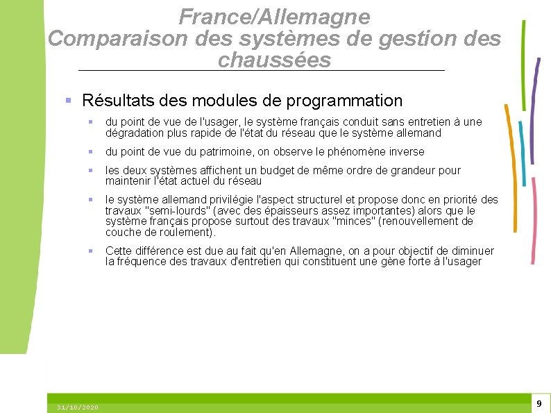 France/Allemagne Comparaison des systèmes de gestion des chaussées Résultats des modules de programmation du