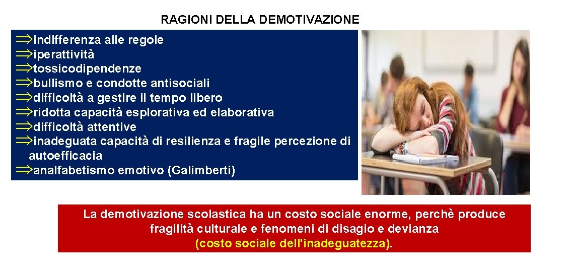 RAGIONI DELLA DEMOTIVAZIONE indifferenza alle regole iperattività tossicodipendenze bullismo e condotte antisociali difficoltà a