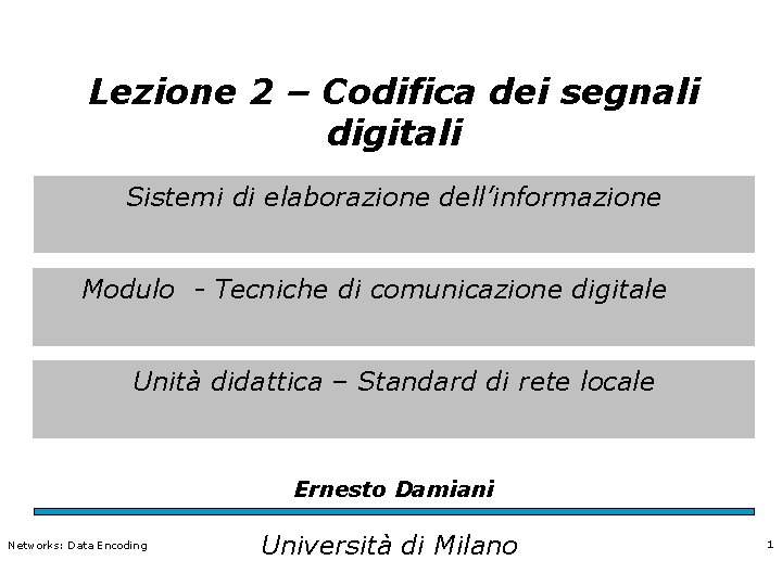 Lezione 2 – Codifica dei segnali digitali Sistemi di elaborazione dell’informazione Modulo - Tecniche