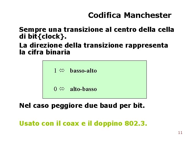 Codifica Manchester Sempre una transizione al centro della cella di bit{clock}. La direzione della