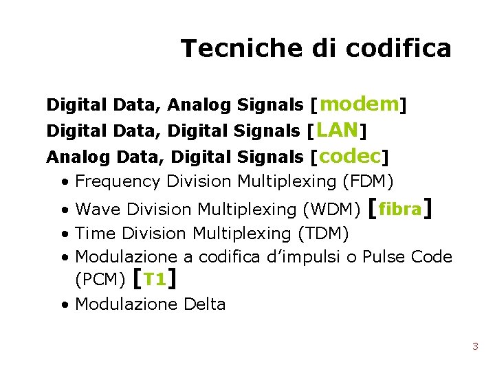 Tecniche di codifica Digital Data, Analog Signals [modem] Digital Data, Digital Signals [LAN] Analog