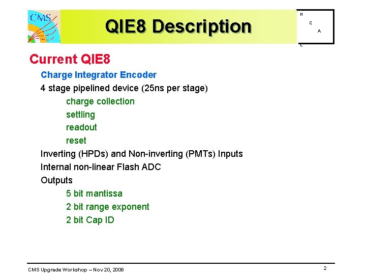 QIE 8 Description H C A L Current QIE 8 Charge Integrator Encoder 4