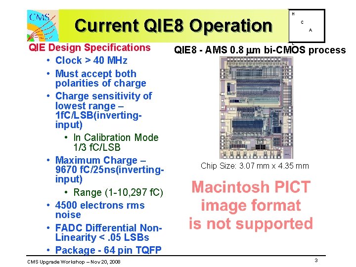 Current QIE 8 Operation QIE Design Specifications • Clock > 40 MHz • Must