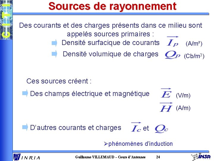 Sources de rayonnement Des courants et des charges présents dans ce milieu sont appelés