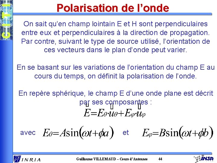 Polarisation de l’onde On sait qu’en champ lointain E et H sont perpendiculaires entre