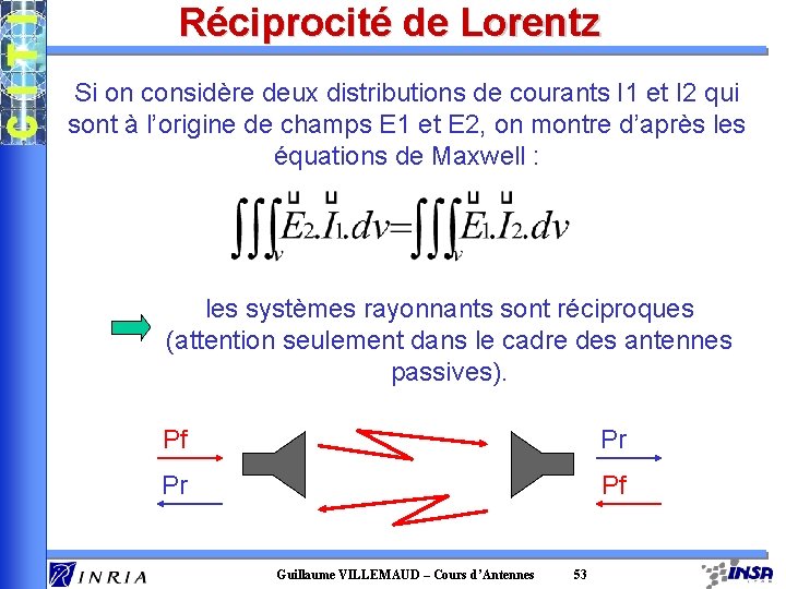 Réciprocité de Lorentz Si on considère deux distributions de courants I 1 et I