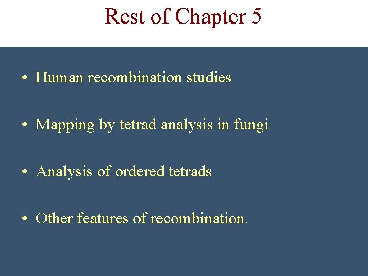 Rest of Chapter 5 • Human recombination studies • Mapping by tetrad analysis in