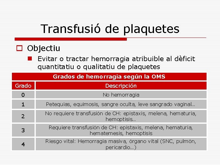 Transfusió de plaquetes o Objectiu n Evitar o tractar hemorragia atribuible al dèficit quantitatiu