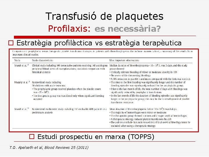Transfusió de plaquetes Profilaxis: es necessària? o Estratègia profilàctica vs estratègia terapèutica o Estudi